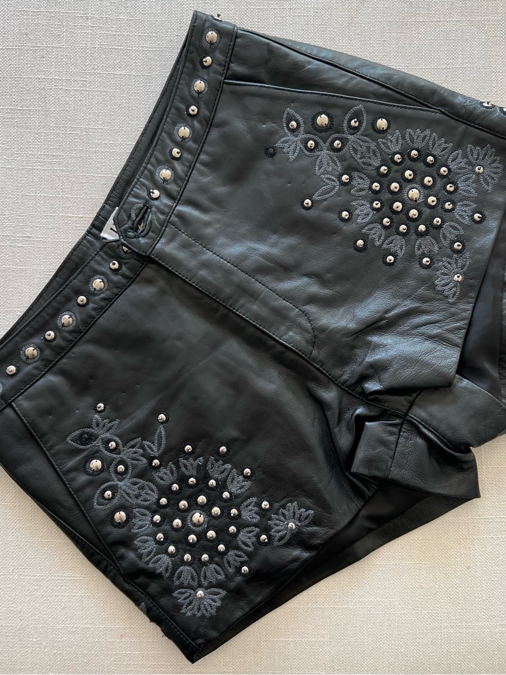UNDERSTATED LEATHER
Embroidered Studded Leather Shorts — Black